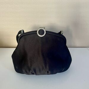 Black satin purse with silver and rhinestone hardware